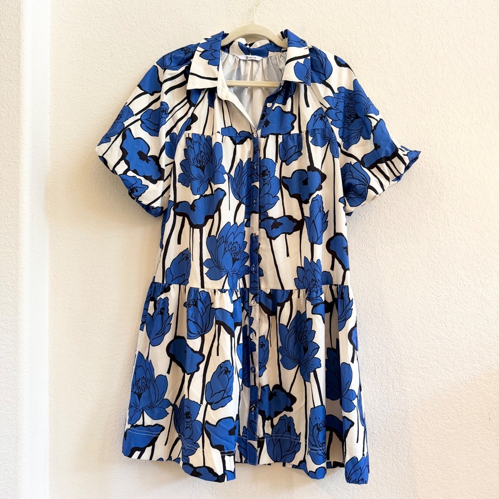 Wenrine Blue White Floral Button Up Tiered Shirt Dress Size Medium RT1078 - Picture 4 of 11